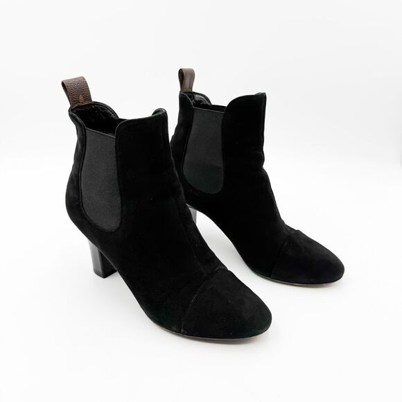 Louis Vuitton LV Monogram Ankle Boots Black Suede Heels EU 37 US 7 - Picture 2 of 14
